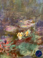 Close-up of a Claude Monet Water Lilies painting, showing textured brushstrokes of green, purple, and yellow in an Impressionist style.