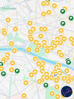 A custom Google Map of Paris filled with saved pins marking restaurants, cafés, and cultural spots across the city center.